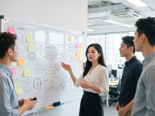 现代办公环境中年轻团队成员正在讨论项目，黑色背景，明亮自然光，商务休闲装束，专注工作表情，会议室白板显示游戏设计草图