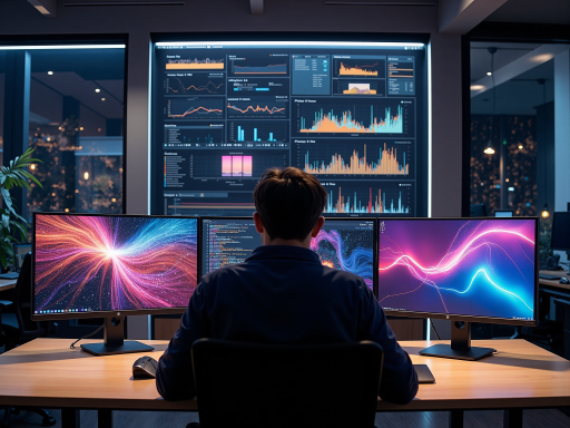 高科技未来感办公室内部，多个屏幕显示游戏界面，年轻技术人员正在工作，蓝色科技灯光，现代设备，专注表情